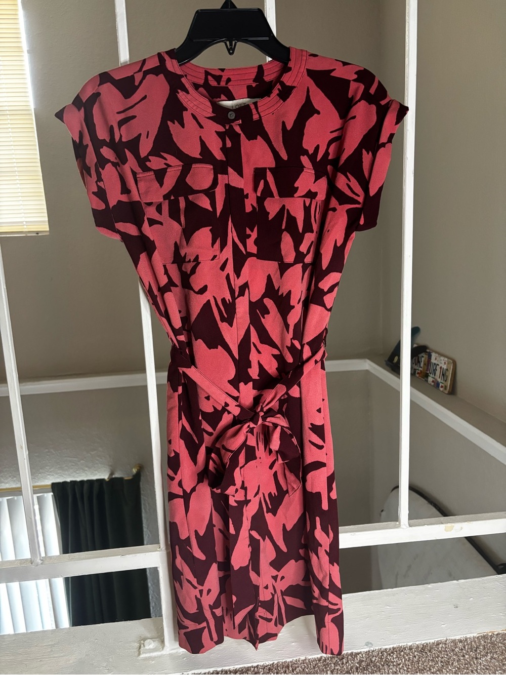 LOFT Pink and Burgundy Tie-Waist Printed Dress